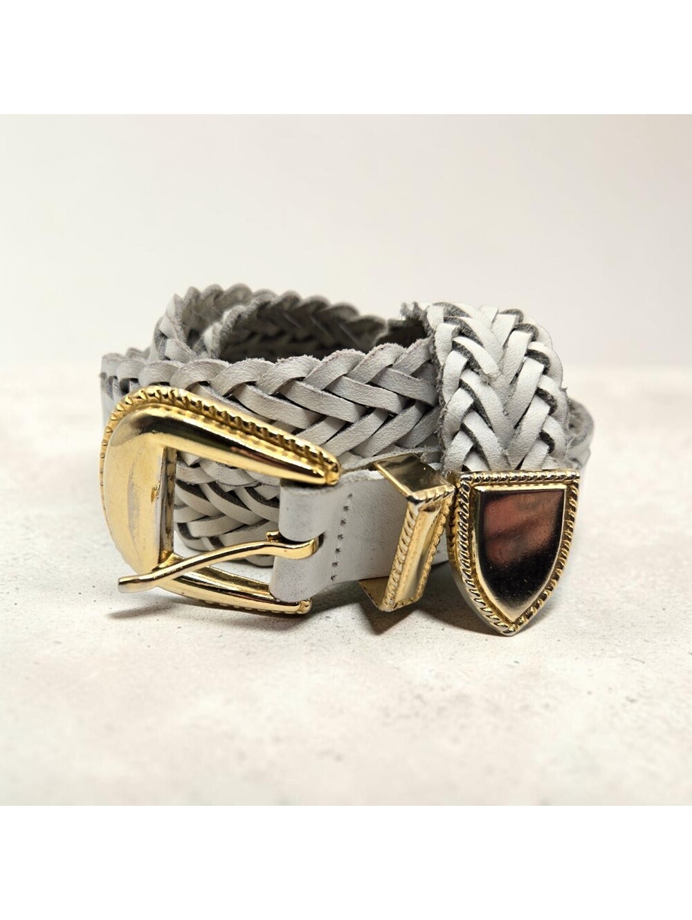 Vtg Women L White And Gold Braided Genuine Split Leather Belt Adj Buckle Sz 42